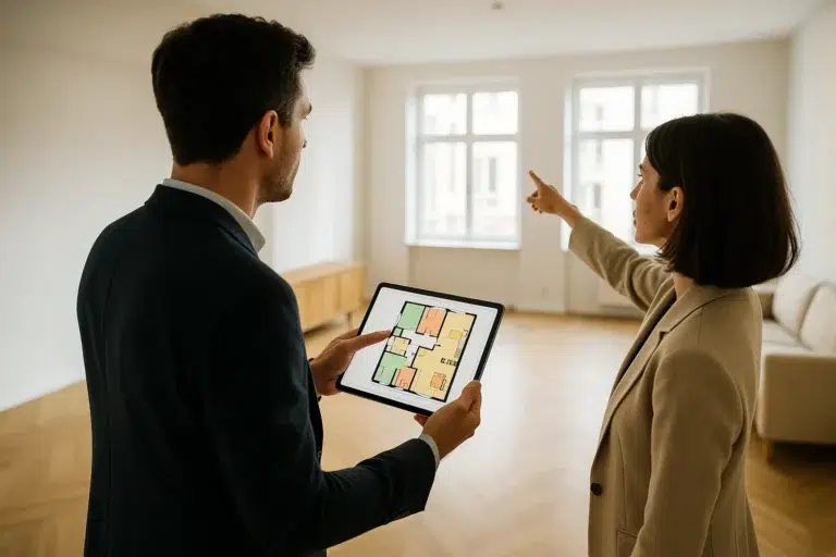 2 personnes calculant la superficie d'un appartement